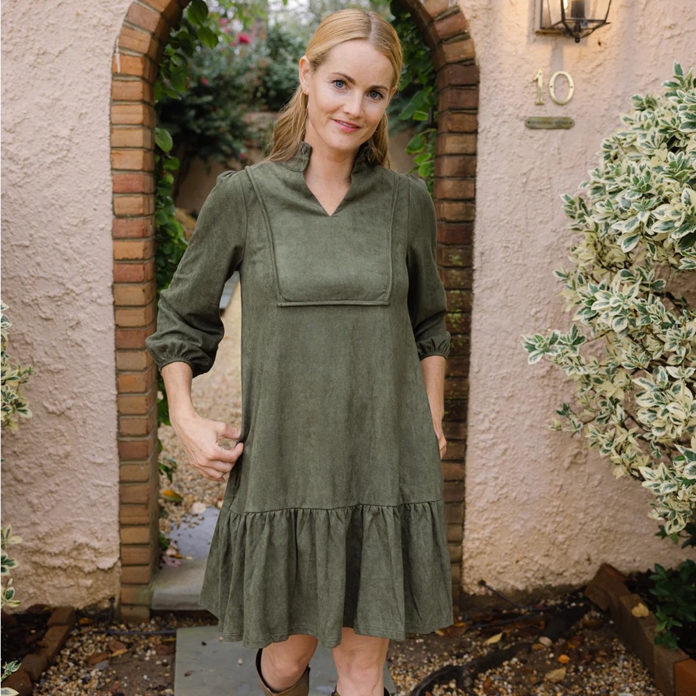 Duffield Lane NWT Katie Dress Stretch Suede Green SM Country Boho Cottage